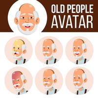 asiatisk gammal man avatar uppsättning vektor. ansikte känslor. senior person porträtt. äldre människor. åldrig. platt, porträtt. söt, komisk, webb. tecknad serie huvud illustration vektor