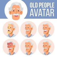 asiatischer alter mann avatar set vektor. Emotionen begegnen. Porträt einer älteren Person. ältere Menschen. alt. Gesicht, Leute. aktiv, Freude. Cartoon-Kopf-Illustration vektor