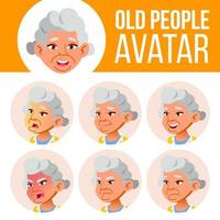 asiatisk gammal kvinna avatar uppsättning vektor. ansikte känslor. senior person porträtt. äldre människor. åldrig. platt, porträtt. söt, komisk, webb. tecknad serie huvud illustration vektor