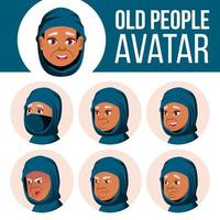 arab, muslim gammal kvinna avatar uppsättning vektor. ansikte känslor. senior person porträtt. äldre människor. åldrig. ansiktsbehandling, människor. positiv. tecknad serie huvud illustration vektor