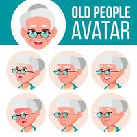 alte frau avatar set vektor. Emotionen begegnen. Porträt einer älteren Person. ältere Menschen. alt. Gesicht, Leute. positiv. Cartoon-Kopf-Illustration vektor