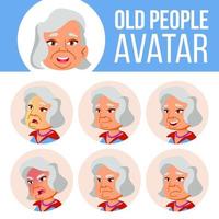 asiatisk gammal kvinna avatar uppsättning vektor. ansikte känslor. senior person porträtt. äldre människor. åldrig. användare, karaktär. roligt, glad. tecknad serie huvud illustration vektor