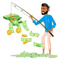 tur- affärsman med en fiske stång i händer och lugg av pengar nära vektor. isolerat illustration vektor