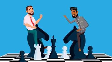 Business-Wettbewerbsvektor. Zwei Geschäftsleute, die auf Schachpferden schwarz und weiß reiten, um sich zu treffen. Illustration