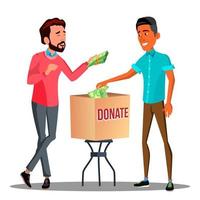 två affärsmän sätta pengar i en donation låda vektor. isolerat illustration vektor