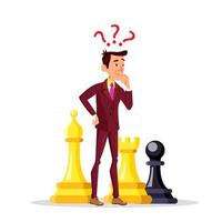 manager, der zwischen großen schachfiguren mit fragezeichen über seinen köpfen steht, vektor-flachkarikaturillustration vektor