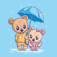söt Björn stående under ett paraply i regnig väder vektor