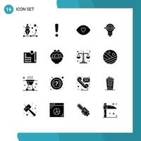 16 solides Glyphenkonzept für mobile Websites und Apps Light Globe Sign Pen Vision editierbare Vektordesign-Elemente vektor