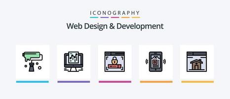 Webdesign- und Entwicklungslinie mit 5 Symbolpaketen, einschließlich . Video . Musik. Design . skizzieren. kreatives Symboldesign vektor