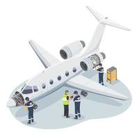 privater flugzeugingenieur techniker wartungs- und reparaturservice kleiner jet business flug kosten weiße illustration isometrischer isolierter vektor