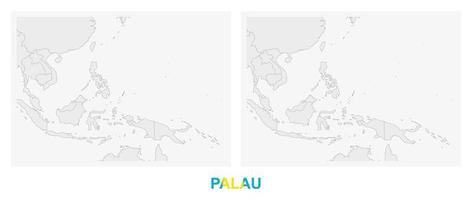 zwei versionen der karte von palau, mit der flagge von palau und dunkelgrau hervorgehoben. vektor