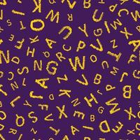 Gekritzelalphabet nahtloser Hintergrund. endloses Vektormuster mit gelben Buchstaben auf violettem Hintergrund. vektor