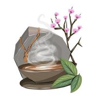 Komposition mit Tee und Kirschblüten. orientalisches Thema. Tee trinken. vektor
