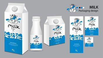 milchverpackungsdesign, milchetikettendesign, milchboxenset und flaschenvektor, realistische 3d-illustration der box, kreative verpackungsvorlage, produktdesign, lebensmittelbanner, niedliche kuhlogo-karikaturillustration vektor