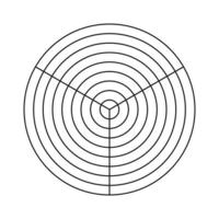hjul av liv mall. enkel coaching verktyg för visualisera Allt områden av liv. polär rutnät av 3 segment och 8 koncentrisk cirklar. tom polär Graf papper. cirkel diagram av liv stil balans. vektor