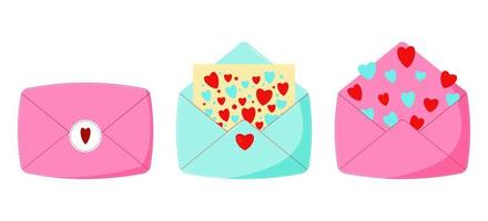 färgrik tecknad serie brev uppsättning. kuvert med kärlek meddelande. st valentine dag tema vektor illustration för ikon, stämpel, märka, bricka, certifikat, broschyr, gåva kort, affisch eller baner dekoration
