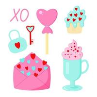 Valentinstag-Vektorset. Umschlag, Kaffee, Pfannkuchen, Lutscher, Schloss und Schlüssel. alle Elemente sind isoliert vektor