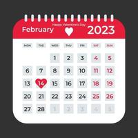 röd hjärta form valentines dag kalender design på februari 14, 2023 vektor