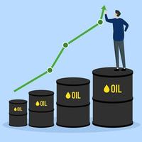 olja pris stigande begrepp, rå olja Råvara pris stigande efter kris, hög efterfrågan eller energi eller bensin industri begrepp, affärsman näringsidkare stående på lugg av liter av olja komponera Diagram. vektor