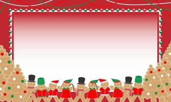 Lebkuchenmann und Weihnachtsbaumplätzchendekorationen auf einem roten Rahmenrandhintergrund. weihnachtsplakat-banner-design für neujahr, weihnachten, winterurlaub, kochen, essen. süße Weihnachten vektor