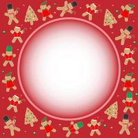 pepparkaka man och jul träd småkakor dekorationer på en röd ram cirkel gräns bakgrund. glad jul hälsning kort, inbjudan, dekorativ ram, baner, matlagning, mat. söt xmas vektor. vektor