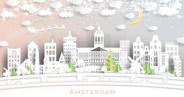 amsterdam holland stad horisont i papper skära stil med snöflingor, måne och neon krans. vektor
