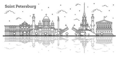 skizzieren sie die skyline der stadt sankt petersburg russland mit historischen gebäuden und reflexionen isoliert auf weiß. vektor
