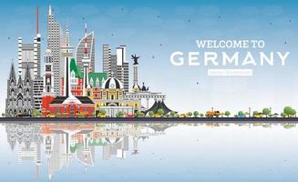 Välkommen till Tyskland horisont med grå byggnader, blå himmel och reflektioner. vektor