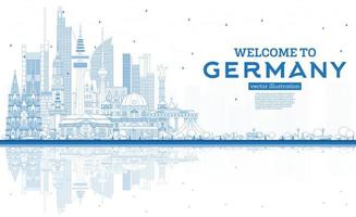 översikt Välkommen till Tyskland horisont med blå byggnader och reflektioner. vektor