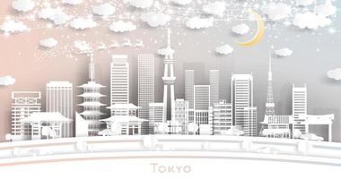 tokyo japan stad horisont i papper skära stil med snöflingor, måne och neon krans. vektor