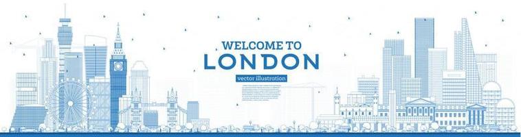 översikt Välkommen till London England horisont med blå byggnader. vektor