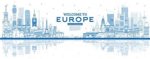 umriss Willkommen in der europäischen Skyline mit blauen Gebäuden. vektor