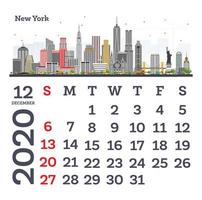 december 2020 kalender mall med ny york stad horisont. vektor