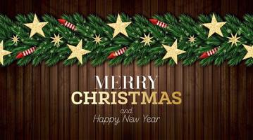 jul hälsning kort med jul träd grenar, röd raketer och gyllene stjärnor på trä- bakgrund. vektor