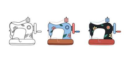 sömnad maskiner klotter uppsättning. vektor illustration av söt ritad för hand årgång skrädderi maskiner. översikt, blå och svart. retro sömnad element