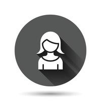 Frau Gesicht Symbol im flachen Stil. Leutevektorillustration auf schwarzem rundem Hintergrund mit langem Schatteneffekt. Partnerschaft Kreis Schaltfläche Geschäftskonzept. vektor