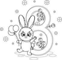 färg sida. kanin med blommor, ballonger och siffra 8 vektor