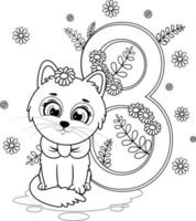 Malseite. Cartoon-Kätzchen mit Blumen und Nummer 8 vektor