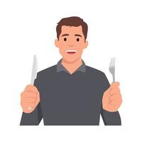 ung man innehav kniv och gaffel. hungrig man väntar för mat. platt vektor illustration isolerat på vit bakgrund