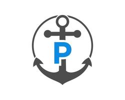 Anfangsbuchstabe p Ankerlogo. Marine, Segelboot-Logo vektor