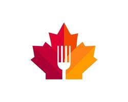 lönn gaffel logotyp design. kanadensisk restaurang logotyp. röd lönn blad med gaffel och spon vektor