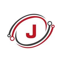 Technologie-Logo-Design auf J-Buchstaben-Konzept. Technologie-Netzwerk-Logo-Vorlage vektor