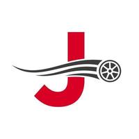 Sportwagen-Buchstabe j Autoreparatur-Logo-Designkonzept mit Transportreifen-Symbol-Vektorvorlage vektor