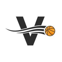 Buchstabe v Basketball-Logo-Design für Korb-Club-Symbol-Vektorvorlage. Basketball-Logo-Element vektor