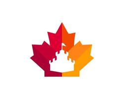 lönn slott logotyp design. kanadensisk röd lönn blad med slott begrepp vektor