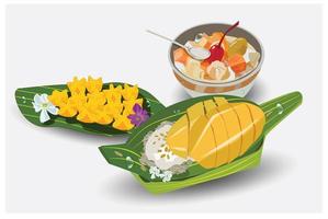 Thai-Dessert-Vektor-Illustration Mango klebriger Reis auf einem Bananenblatt platziert vektor