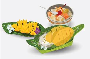 Thai-Dessert-Vektor-Illustration Mango klebriger Reis auf einem Bananenblatt platziert vektor