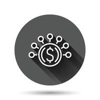 Geldeinnahmen-Symbol im flachen Stil. Dollarmünzen-Vektorillustration auf schwarzem rundem Hintergrund mit langem Schatteneffekt. Finanzstruktur Kreis Schaltfläche Geschäftskonzept. vektor