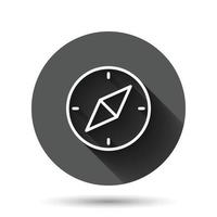 Kompass-Symbol im flachen Stil. Navigationsgeräte-Vektorillustration auf schwarzem rundem Hintergrund mit langem Schatteneffekt. Reise Richtung Kreis Schaltfläche Geschäftskonzept. vektor