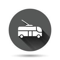 Trolleybus-Symbol im flachen Stil. Oberleitungsbus-Vektorillustration auf schwarzem rundem Hintergrund mit langem Schatteneffekt. Autobus-Fahrzeug-Kreis-Schaltflächen-Geschäftskonzept. vektor